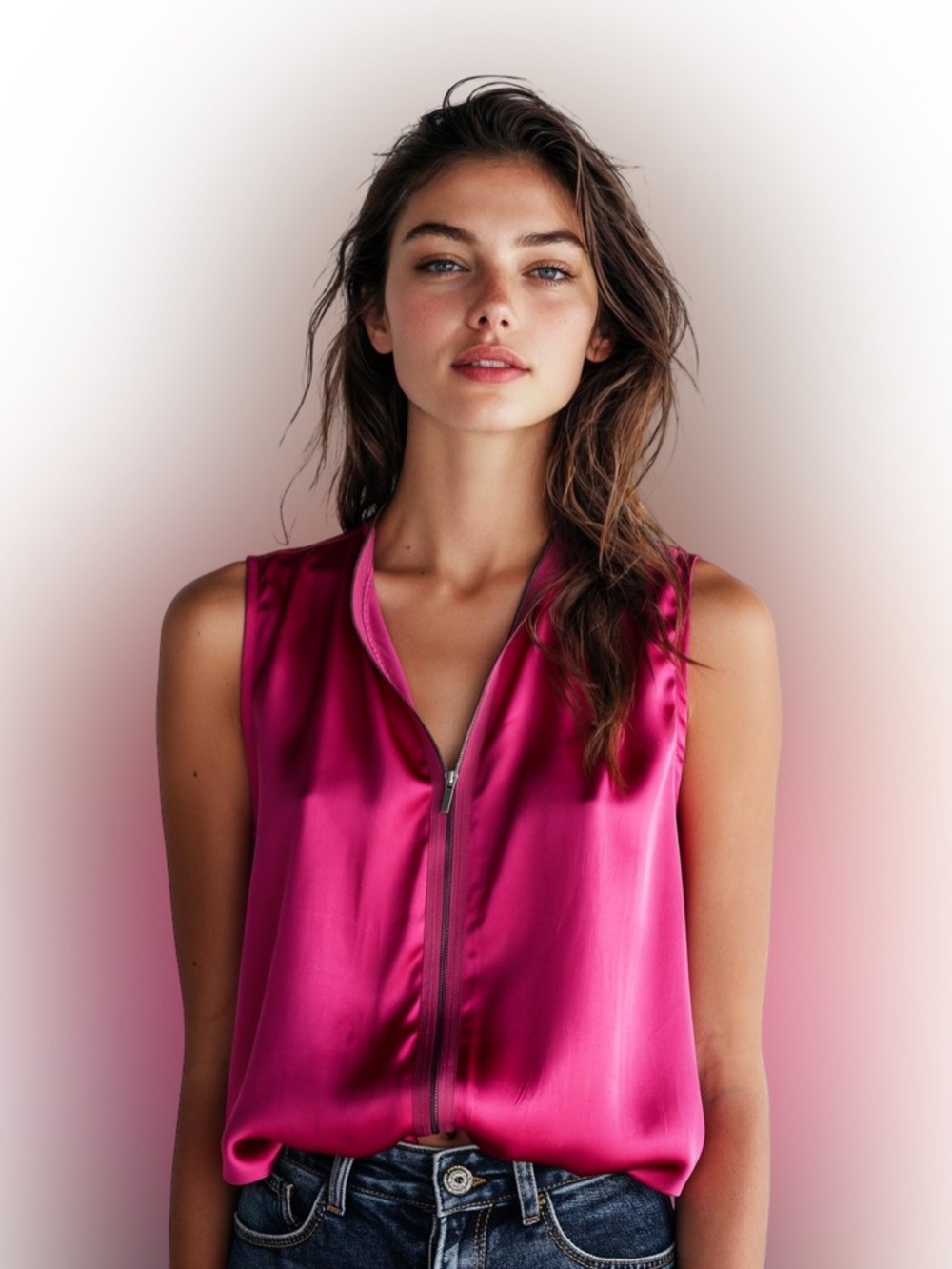 Elie Tahari Fuchsia Satin Zip-Front Sleeveless Top